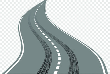 Winding road with tire tracks intersect with road markings. © Anton Shpak