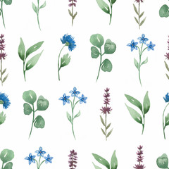 Watercolor hand painted wildflowers seamless digital paper. Spring meadow florals pattern.Field lavender and blue flowers, greenery. Foliage clipart.