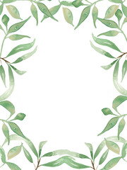 Watercolor hand painted greenery frame. Foliage wreath clipart. Green leaves. Spring floral. Wedding card. Easter.