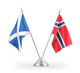 Norway and Scotland table flags isolated on white 3D rendering