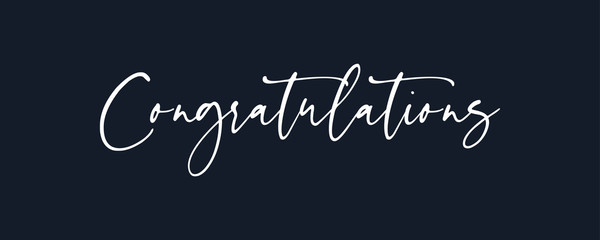 Congratulations Hand Writing White Text Lettering Calligraphic isolated on Dark Blue Background. Greeting Card Vector Illustration