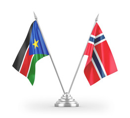 Norway and South Sudan table flags isolated on white 3D rendering