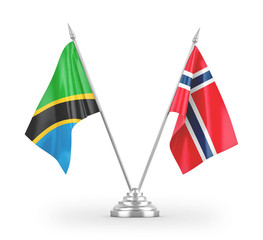 Norway and Tanzania table flags isolated on white 3D rendering