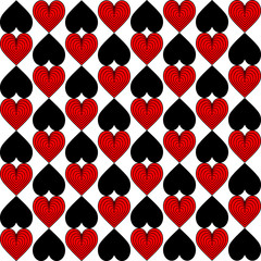 Seamless pattern of red and black hearts on a white background. Abstract composition. Creative concept design background for greeting cards, for packaging, wallpaper, for casino design, playing cards