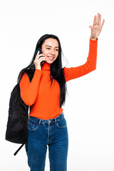 Young student with bag talking phone and wave with hands isolated on white background