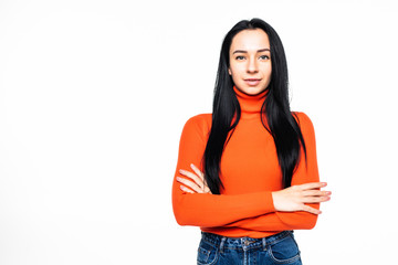 Smiling woman with crossed hands isolated on white background