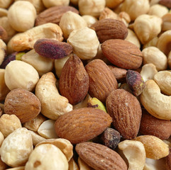 Obraz premium roasted hazelnuts, almonds and cashews in the same dish,