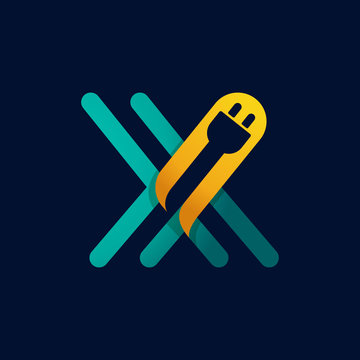 X letter logo with plug cable inside.