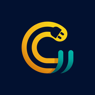 G letter logo with plug cable inside.