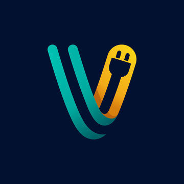 V letter logo with plug cable inside.
