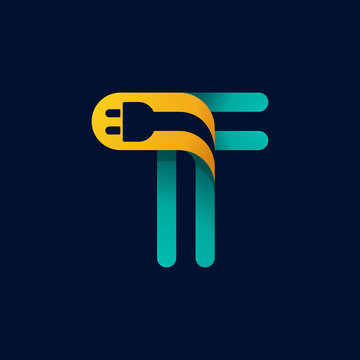 T letter logo with plug cable inside.