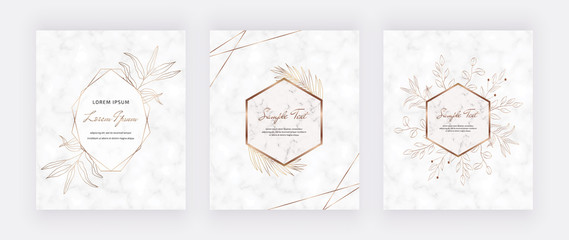 Cover marble cards with golden geometric polygonal lines frames and gold leaves. Decorative lines borders. Template for wedding invitation, blog posts, banner, card, save the date, poster, flyer
