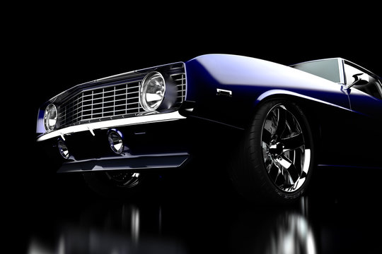 3D illustration. Muscle blue car rendering isolated on black background. Vintage classic sport car. 1969. Car show. Wheels. Chevrolet camaro