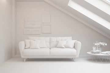 Mock up of minimalist living room in white color with sofa. Scandinavian interior design. 3D illustration