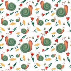 Cute seamless pattern with flowers, snails, leafs and drops. Spring, summer mood. Great for fabric, textile, wrapping paper, scrapbooking.