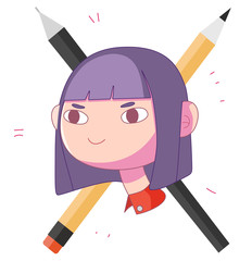 Smiling girl with pencils on background. Simple flat illustration.