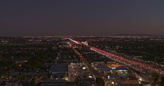 Los Angeles Aerial v230 Panoramic cityscape view from Mar Vista to Palms neighborhoods with San Diego freeway traffic at sunset dusk - October 2019
