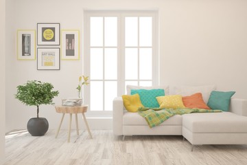 Modern living room in white color with sofa. Scandinavian interior design. 3D illustration