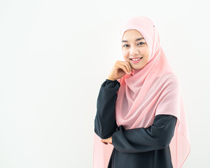 Beautiful female Muslim model in modern kurung and hijab, a modern lifestyle apparel for Muslim...