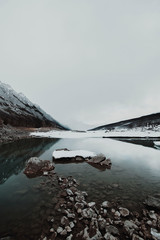 Soft reflection in a frozen lake on a foggy day