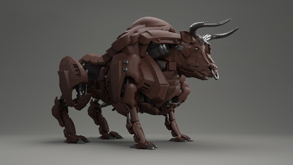 Obraz premium 3D composite illustration of a Bull made of aluminum black galvanised and brown metal material. Sculpture. 3D rendering. Art
