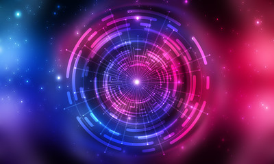 Dark tech abstract background with neon glow. Cyber circle laser figure on abstract background