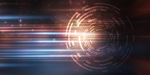 Dark tech abstract background with neon glow. Cyber circle laser figure on abstract background