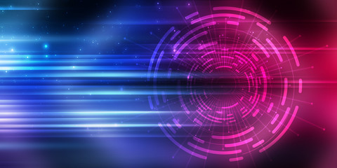 Dark tech abstract background with neon glow. Cyber circle laser figure on abstract background