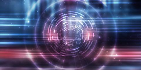 Dark tech abstract background with neon glow. Cyber circle laser figure on abstract background