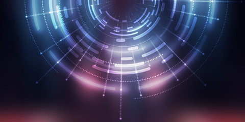 Dark tech abstract background with neon glow. Cyber circle laser figure on abstract background