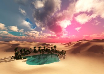 Oasis, sand desert at sunset, beautiful sunset in the sand, oasis at sunset, sunrise in the desert over the oasis