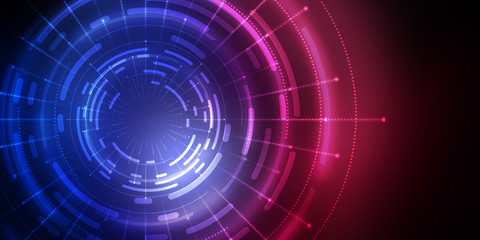 Dark tech abstract background with neon glow. Cyber circle laser figure on abstract background