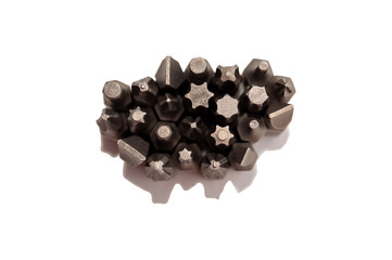 tips of a group of  head screwdriver bits isolated on a white background