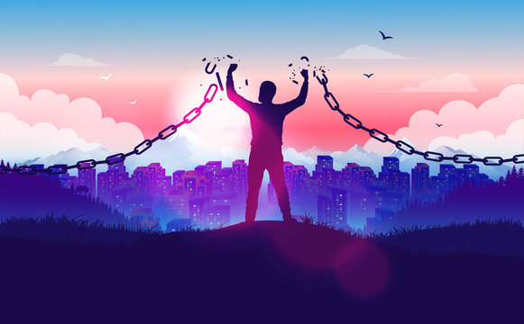Break free from the chains - Man on hilltop braking the chains with sunrise and city in background. Freedom, liberation, hope and justice concept in vector illustration.