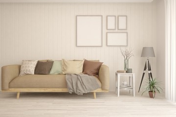 Modern living room in white color with sofa and empty frames on a wall. Scandinavian interior design. 3D illustration