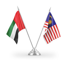 Malaysia and United Arab Emirates table flags isolated on white 3D rendering