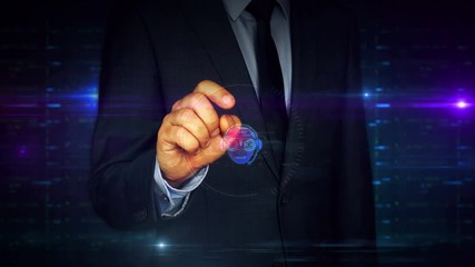 A businessman in a suit touch screen with esport cyber games symbol hologram. Man using hand on virtual display interface. Video gaming tournament and digital sport futuristic concept. - Powered by Adobe