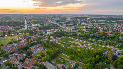 Beautiful panoramic Aerial view photo from flying drone on Klaipeda city center on a summer evening at sunset. Klaipeda, Lithuania (series)