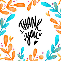 Digital art cute square card with thank you inscription on a white background with a frame of leaves and branches. Print for wrapping paper, stationery, social networks, fabrics.