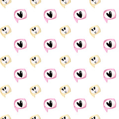 Digital art cute text cloud seamless pattern with heart emoticons, like on white background. Print for wrapping paper, stationery, social networks, fabrics, banners.