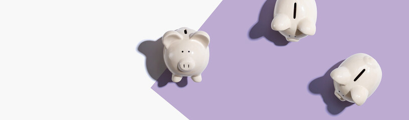 White piggy banks overhead view - flat lay