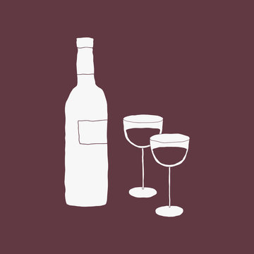 Wine bottle and pair of wine glasses vector illustration. Simple beverage hand drawn shapes