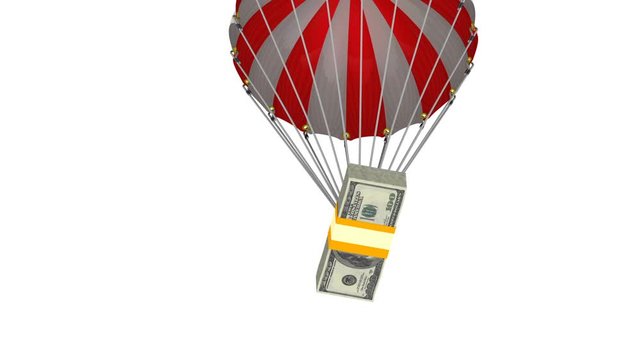 A pack of American dollars is parachuting. A pack of US dollars flying on a parachute. Footage video
