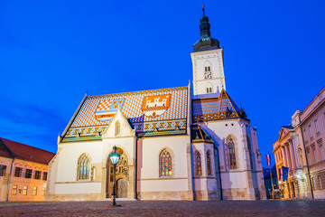Fototapeta premium Croatia, city of Zagreb, st. Mark's Church on Upper Town in the night
