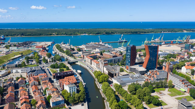 Beautiful panoramic Aerial view photo from flying drone on Klaipeda port and city background a sunny summer day. Klaipeda, Lithuania (series)