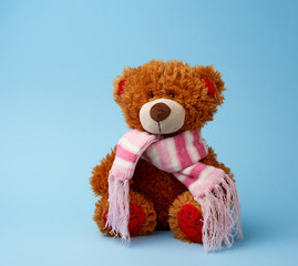 cute brown fluffy teddy bear in a colored scarf sits on a blue background