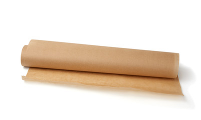 twisted roll of brown parchment paper isolated on a white background