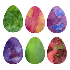 Set Easter eggs with different texture on white background. Watercolor illustration.