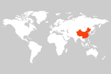 china on the world map isolated vector