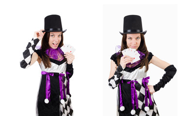Pretty girl in jester costume with cards isolated on white